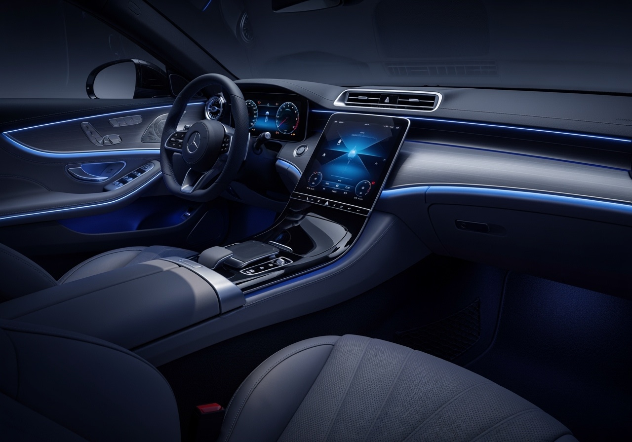 Modern powerful car with illuminated LED lights on the road at night Modern powerful car with illuminated LED lights on the road at night